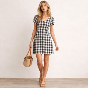 LOFT Linen Blend Gingham Button Front V-Neck Dress Sz 6 NWT
